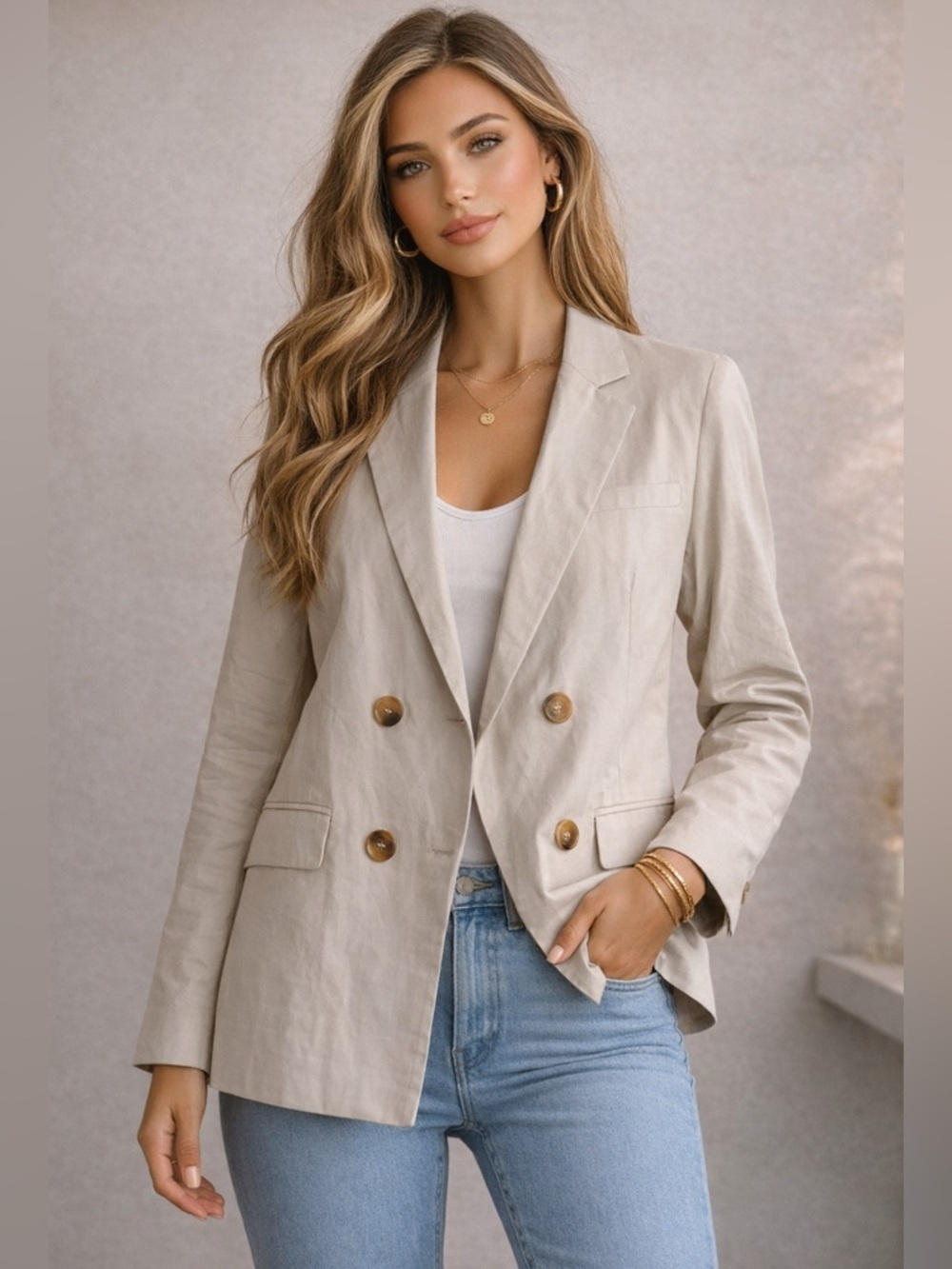GeeGee Plus Classic Double-Breasted Beige Women's Blazer.  Size-1XL CoastalChic